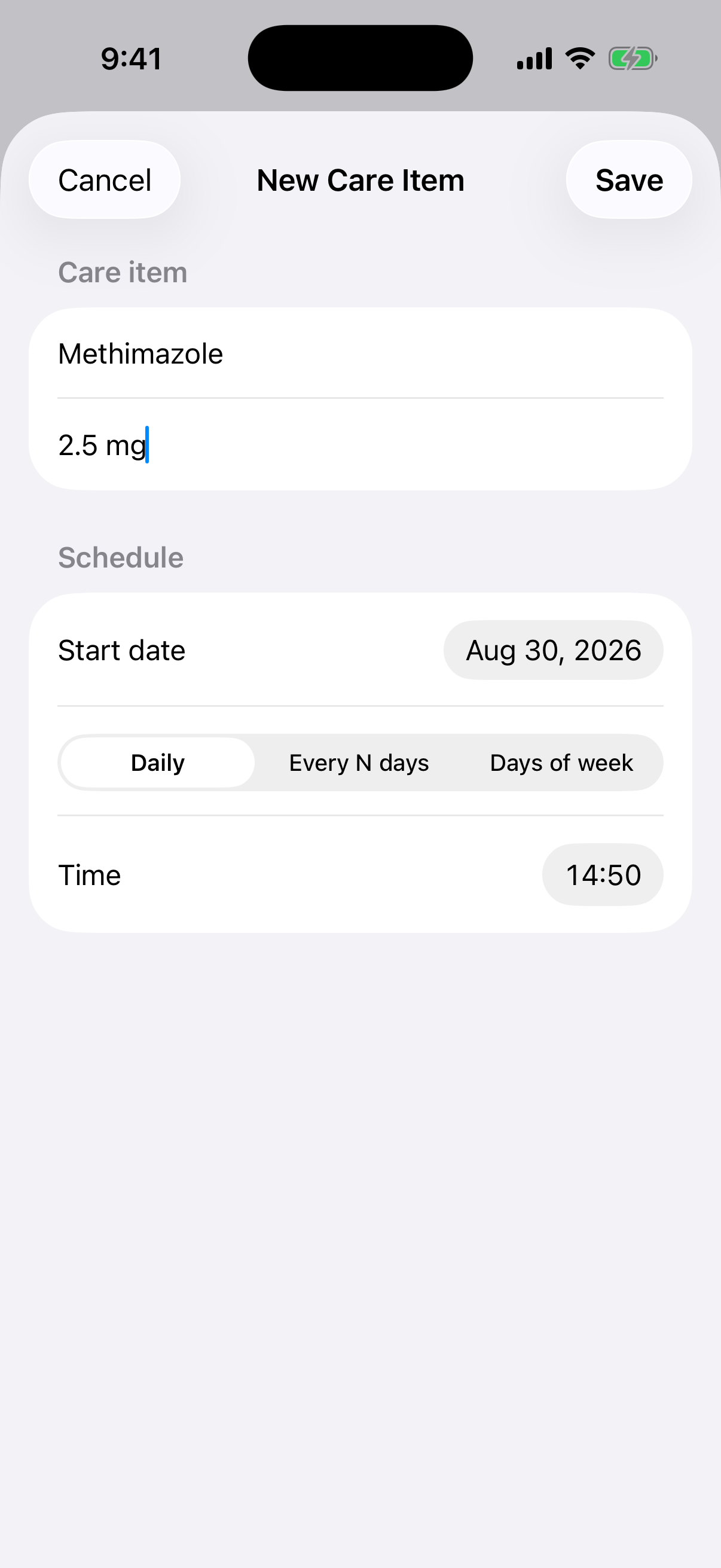 The New Care Item form in Pet Med Reminder with Methimazole and 2.5mg entered, a start date, a choice of Daily, Every N days or Days of week, and a time of 14:50.