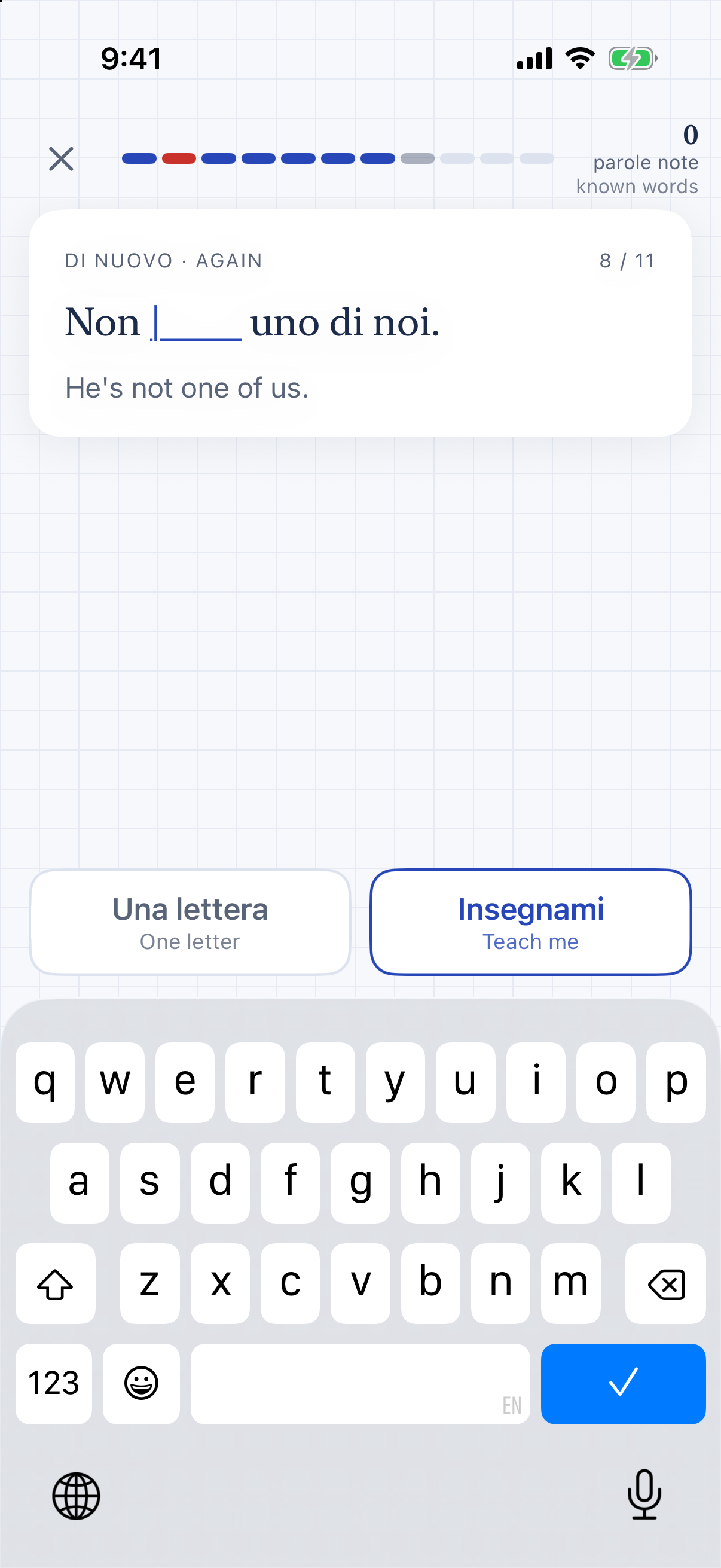 The sentence Non ____ uno di noi again, marked Di nuovo, again, with a cursor in the gap, the buttons Una lettera (one letter) and Insegnami (teach me), and the iPhone keyboard open.