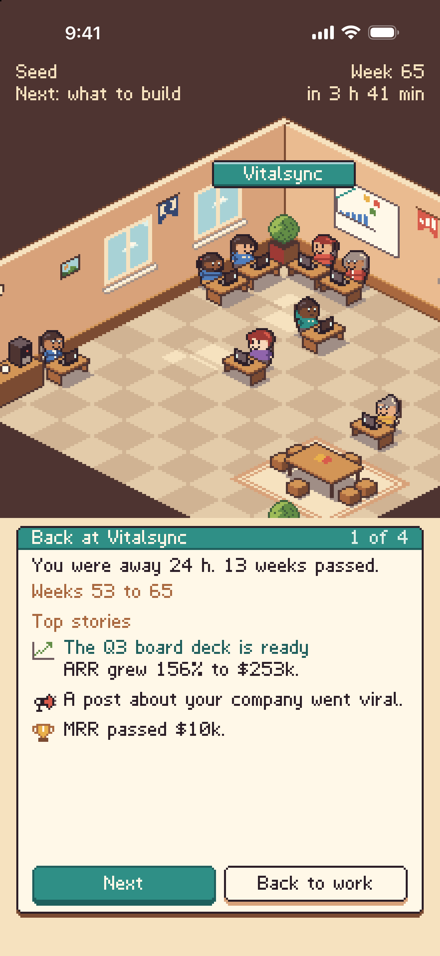 Default Alive on iPhone: the Vitalsync seed office with the team at desks, and a card that reads: You were away 24 h. 13 weeks passed.
