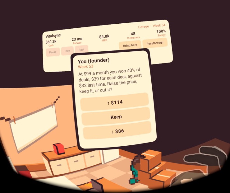 Default Alive on Meta Quest 2: the 3D garage on a table, a numbers panel, and a price card with the choices $114, Keep and $86.