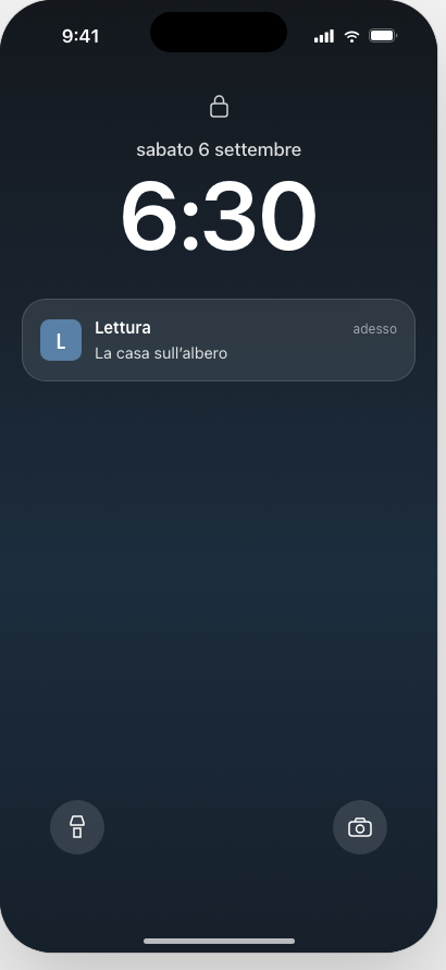 The lock screen at 6:30 on Saturday 6 September with a single notification from Lettura reading La casa sull'albero and nothing else.