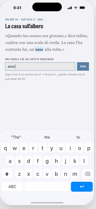 The word capture field near the bottom of the screen, labelled una parola che hai dovuto indovinare, with a submitted word shown as sent.